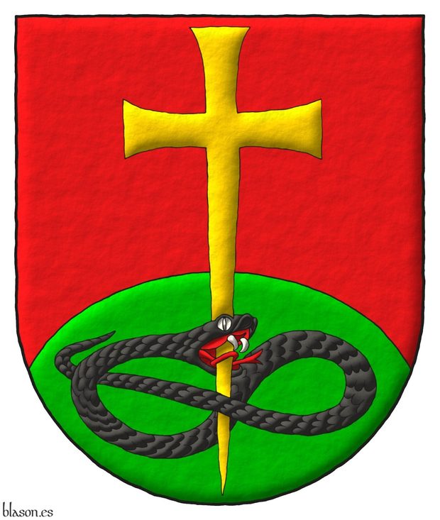 Gules, a Mount Vert, overall a Cross patty fitchy piercing in base the Head of a Serpent nowed and facing sinister Sable.