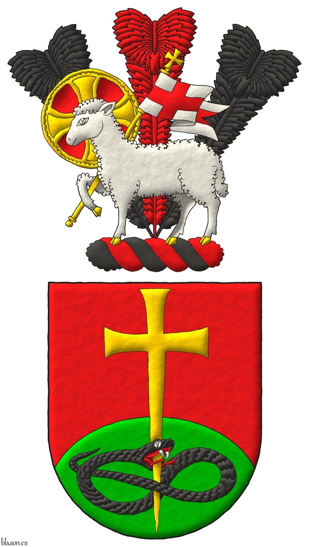 Escudo de gules, un monte de sinople moviente de la punta, brochante sobre el todo una cruz latina patada y fijada de oro, perforando la cabeza de una sierpe nudada y alterada de sable, lampasada de gules. Timbrado de un burelete de sable y gules, cimado de un penacho de tres plumas alternas de sable y gules resaltado de un cordero pascual de plata, nimbado de oro y gules, teniendo una bandera de plata, fustada de oro, cargada de una cruz de gules.