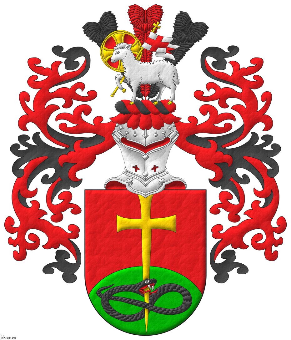 Escudo de gules, un monte de sinople moviente de la punta, brochante sobre el todo una cruz latina patada y fijada de oro, perforando la cabeza de una sierpe nudada y alterada de sable, lampasada de gules. Timbrado de un yelmo de frente, adornado de dos lambrequines de gules doblados de sable, un burelete de sable y gules, cimado de un penacho de tres plumas alternas de sable y gules resaltado de un cordero pascual de plata, nimbado de oro y gules, teniendo una bandera de plata, fustada de oro, cargada de una cruz de gules.