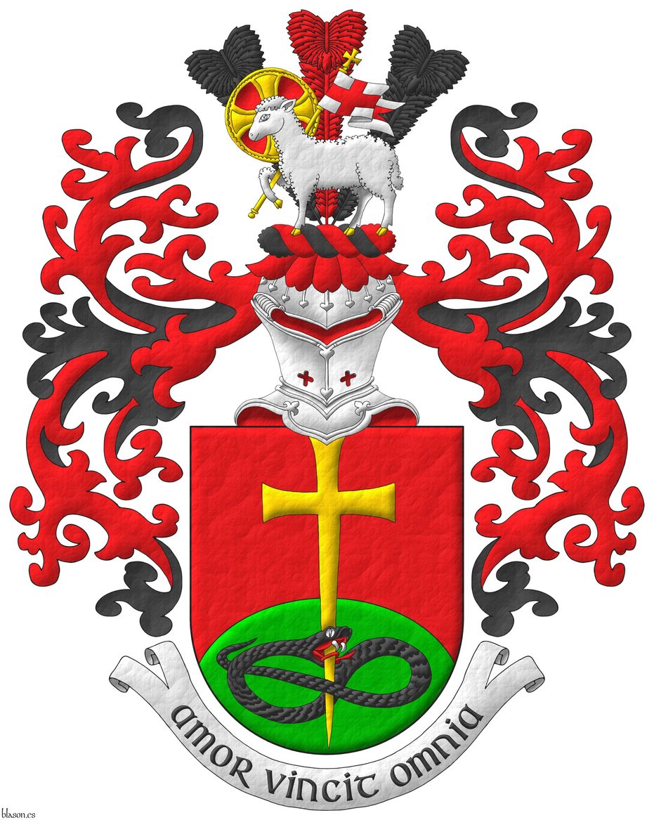 Escudo de gules, un monte de sinople moviente de la punta, brochante sobre el todo una cruz latina patada y fijada de oro, perforando la cabeza de una sierpe nudada y alterada de sable, lampasada de gules. Timbrado de un yelmo de frente, adornado de dos lambrequines de gules doblados de sable, un burelete de sable y gules, cimado de un penacho de tres plumas alternas de sable y gules resaltado de un cordero pascual de plata, nimbado de oro y gules, teniendo una bandera de plata, fustada de oro, cargada de una cruz de gules. Lema: �Amor vincit omnia�.