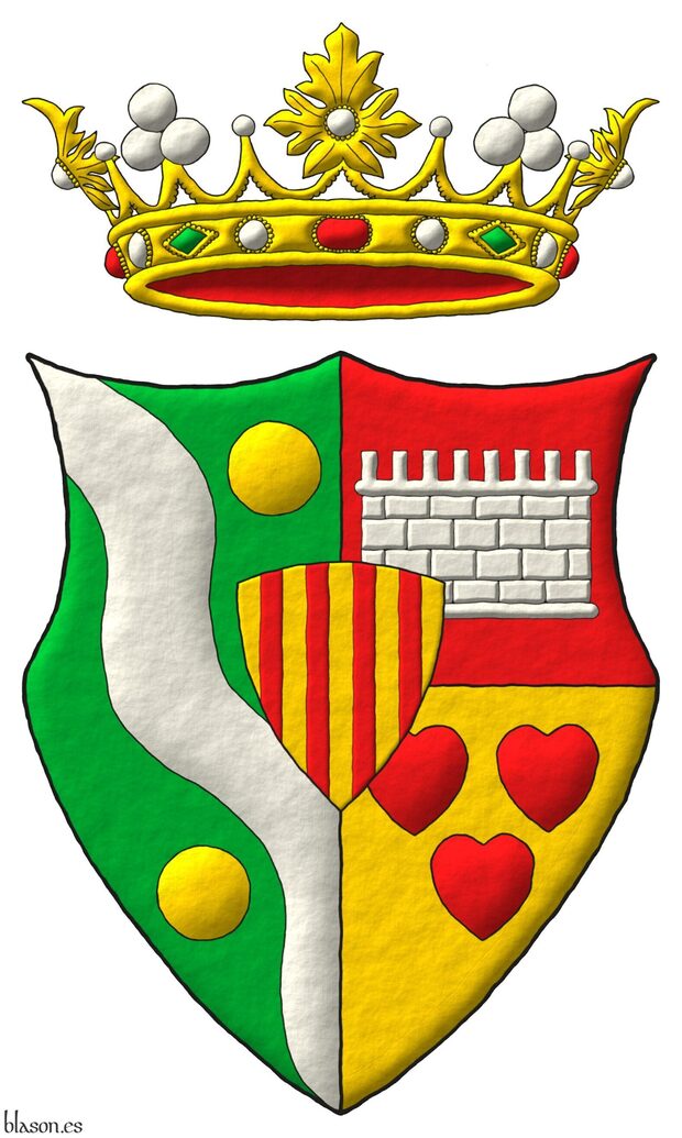 Escudo partido y medio cortado: 1.o de sinople, una banda ondada de plata, acompa�ada de dos bezantes de oro puestos en barra; 2.o de gules, un lienzo de muralla de plata; 3.o de oro, tres corazones de gules, 2 y 1; un escus�n de oro, cuatro palos de gules. Timbrado de una corona de marqu�s.