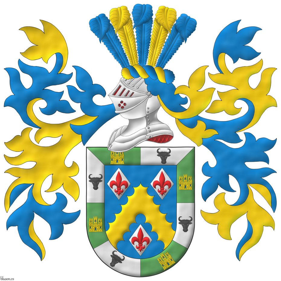 Azure, a chevron engrailed Or between three lozenges Argent, each charged with a fleur de lis Gules; a bordure compony of eight sections, four Vert each charged with a castle triple-towered Or, port and windows Azure, masoned Sable, and four Argent each charged with a bull's head caboshed Sable. Crest: Upon a helm lined Gules, with a wreath Or and Azure, five ostrich feathers, alternating three Azure and two Or. Mantling: Azure doubled Or.