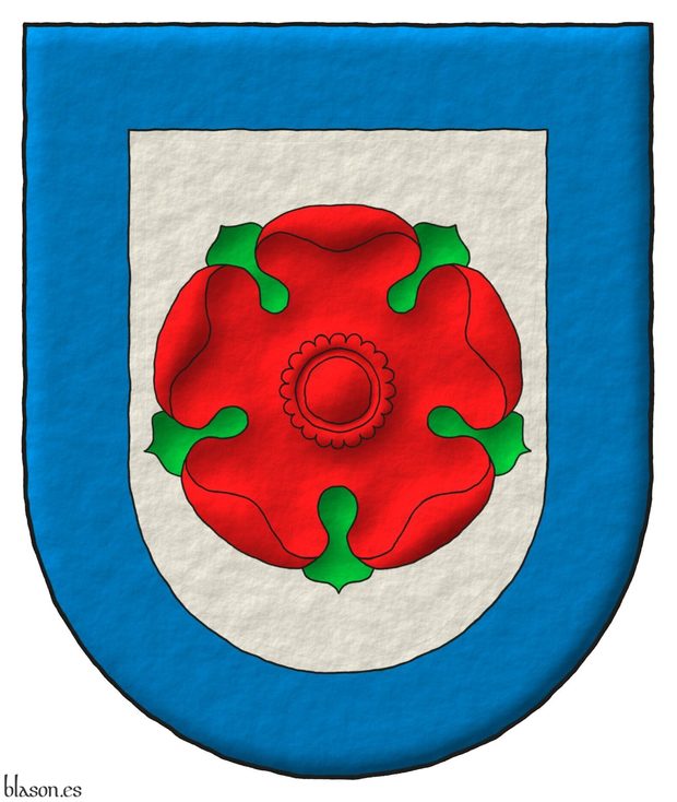 Escudo de plata, una rosa de gules, hojada de sinople; una bordura de azur.