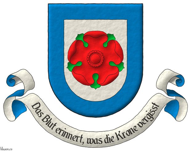 Escudo de plata, una rosa de gules, hojada de sinople; una bordura de azur. Lema: Das Blut erinnert, was die Krone vergisst de sable, sobre una filacteria de plata doblada de azur.