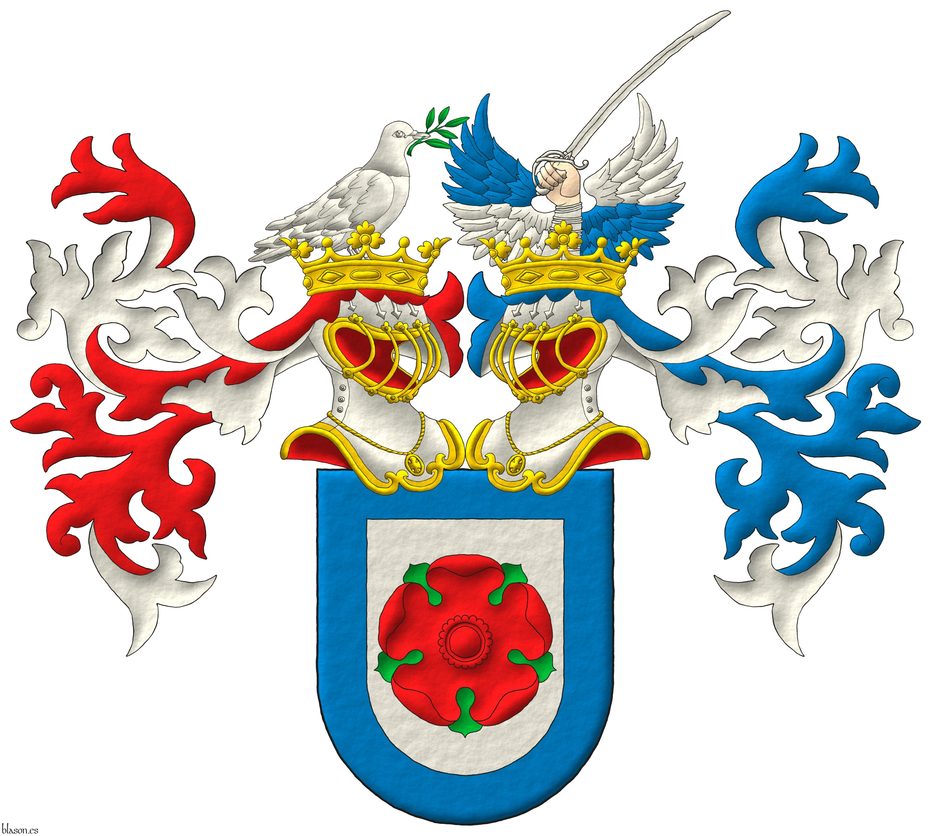 Escudo de plata, una rosa de gules, hojada de sinople; una bordura de azur. Timbrado de a la diestra, sobre un yelmo, adornado de dos lambrequines de gules doblados de plata, saliente de una corona antigua de oro, una paloma de plata, teniendo en su pico una rama de olivo de sinople; y a la siniestra, sobre un yelmo, adornado de dos lambrequines de azur doblados de plata, saliente de una corona antigua de oro, un brazo al natural, armado de plata, teniendo un sable de plata, acompaado de dos medios vuelos cortados, alternadas de azur y plata.