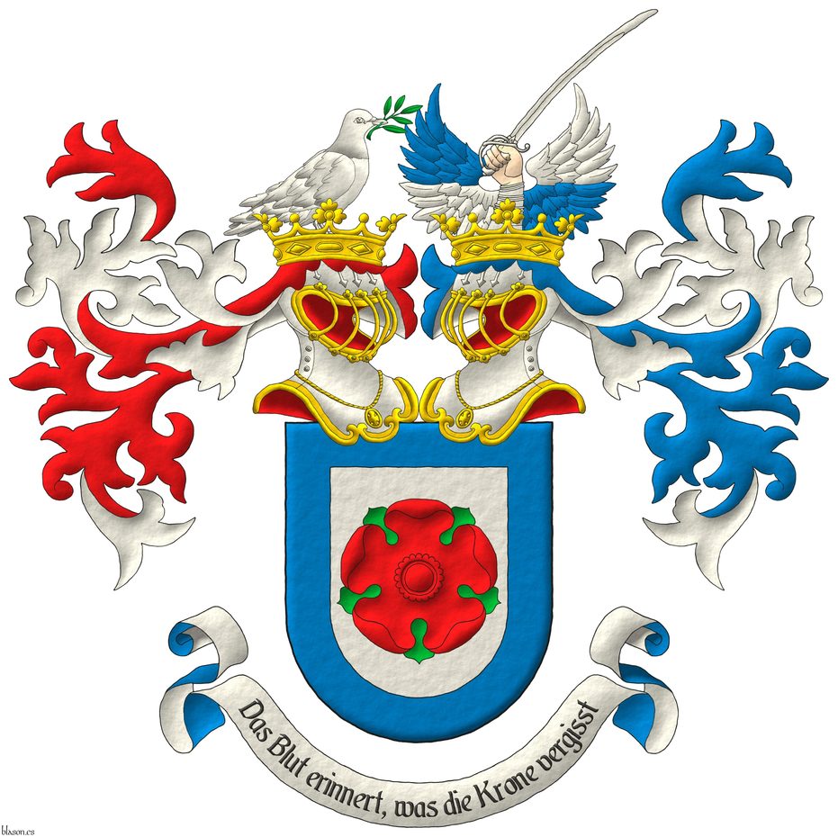 Escudo de plata, una rosa de gules, hojada de sinople; una bordura de azur. Timbrado de a la diestra, sobre un yelmo, adornado de dos lambrequines de gules doblados de plata, saliente de una corona antigua de oro, una paloma de plata, teniendo en su pico una rama de olivo de sinople; y a la siniestra, sobre un yelmo, adornado de dos lambrequines de azur doblados de plata, saliente de una corona antigua de oro, un brazo al natural, armado de plata, teniendo un sable de plata, acompaado de dos medios vuelos cortados, alternadas de azur y plata. Lema: Das Blut erinnert, was die Krone vergisst de sable, sobre una filacteria de plata doblada de azur.