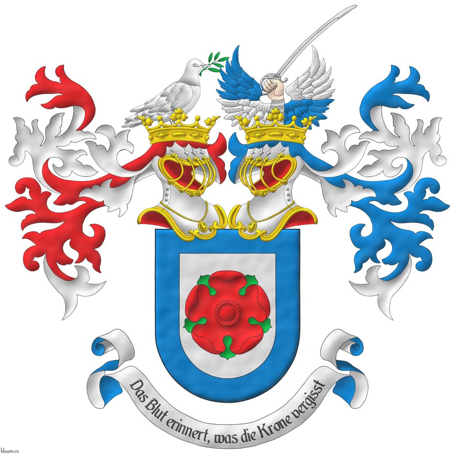 Argent, a rose Gules, barbed Vert; a bordure Azure. Crest: Dexter, upon a helm, issuant from an ancient coronet Or, a dove Argent, holding in its beak an olive branch Vert; and sinister, upon a helm, issuant from an ancient coronet Or, an arm proper, vambraced Argent, grasping a sabre Argent, between a pair of wings per fess alternately Azure and Argent. Mantling: Dexter Gules doubled Argent, sinister Azure doubled Argent. Motto: Das Blut erinnert, was die Krone vergisst Sable, over a scroll Argent doubled Azure.