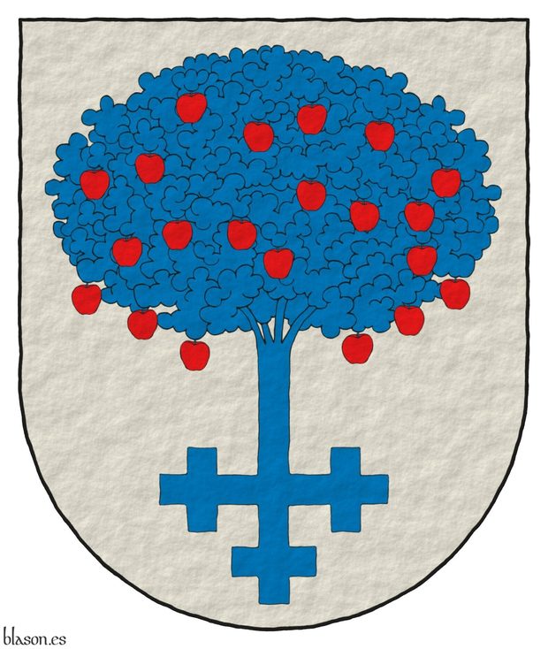 Argent, an apple tree, the base of its trunk forming a cross crosslet Azure, fructed Gules.