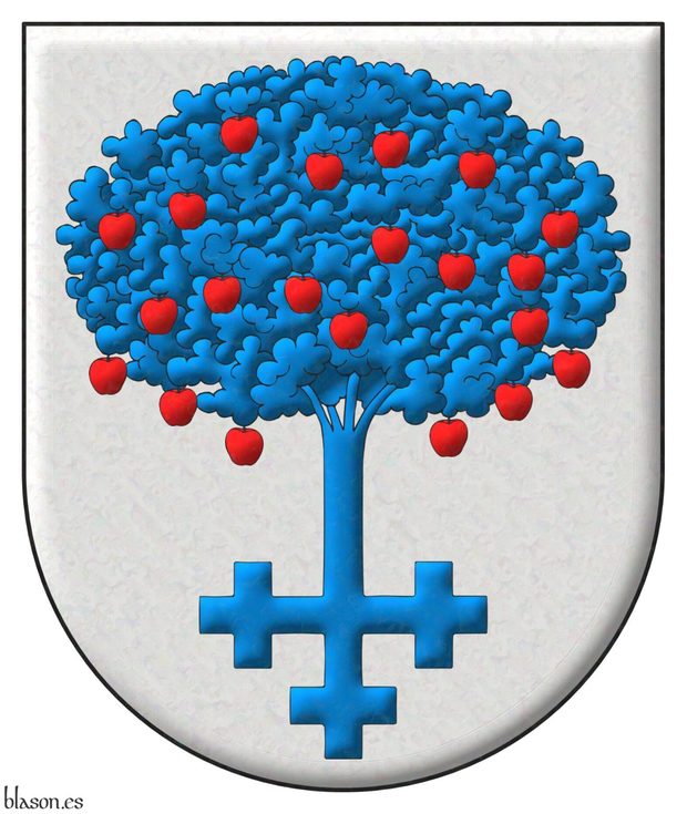 Argent, an apple tree, the base of its trunk forming a cross crosslet Azure, fructed Gules.