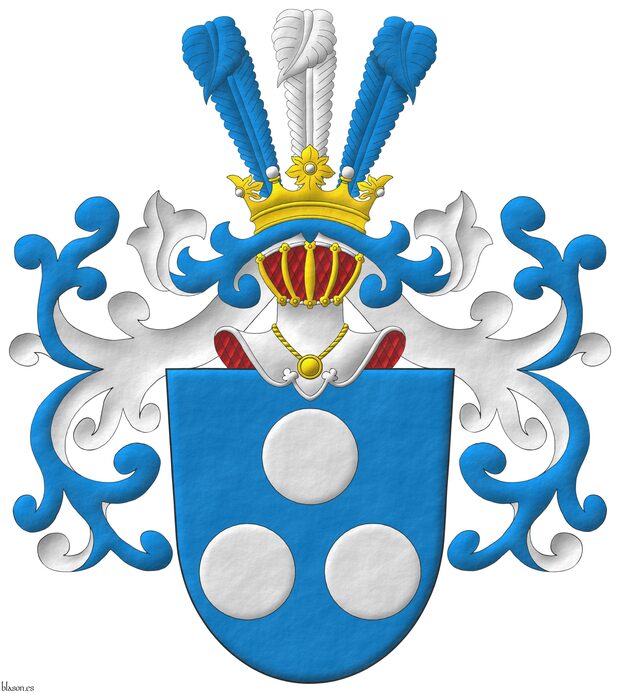 Azure, three plates, 1 and 2. Crest: Upon a helm affronty, crowned Or, three ostrich feathers Azure, Argent and Azure. Mantling: Azure doubled Argent.