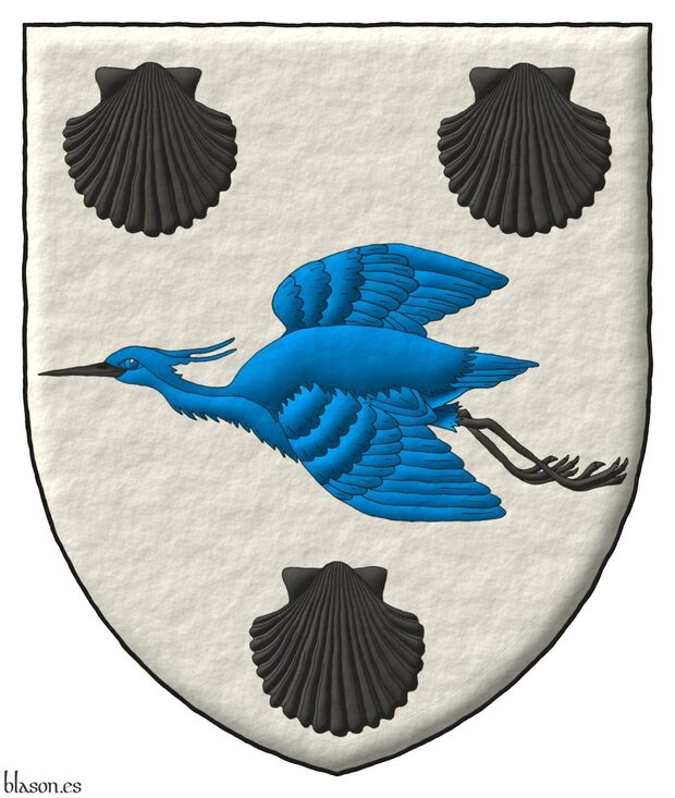 Escudo de plata, una garza volante de azur, picada y membrada, acompaada de tres veneras todo de sable.