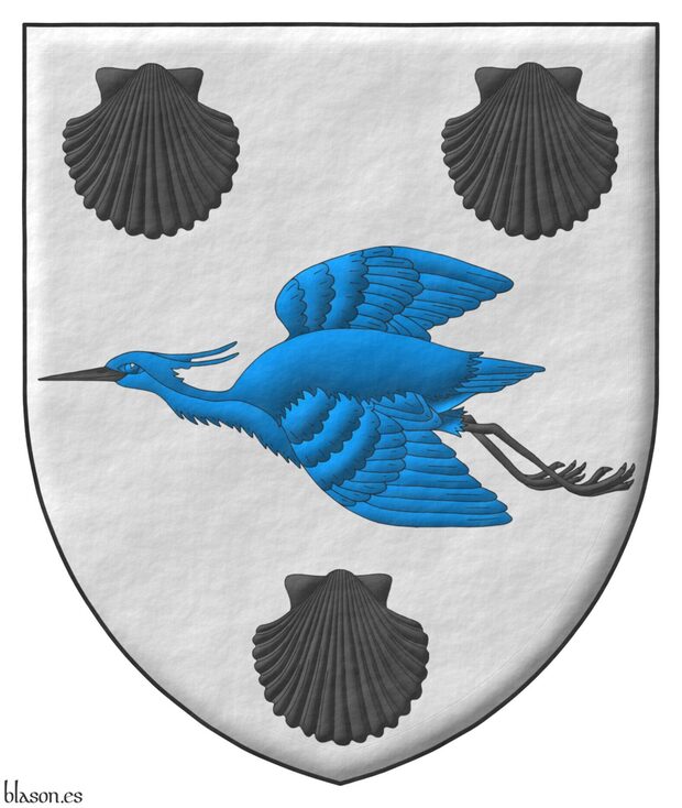 Argent, a heron volant Azure, beaked and membered between three escallops Sable.