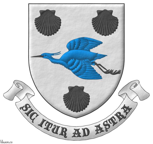 Argent, a heron volant Azure, beaked and membered between three escallops Sable. Motto: Sic itur ad astra.