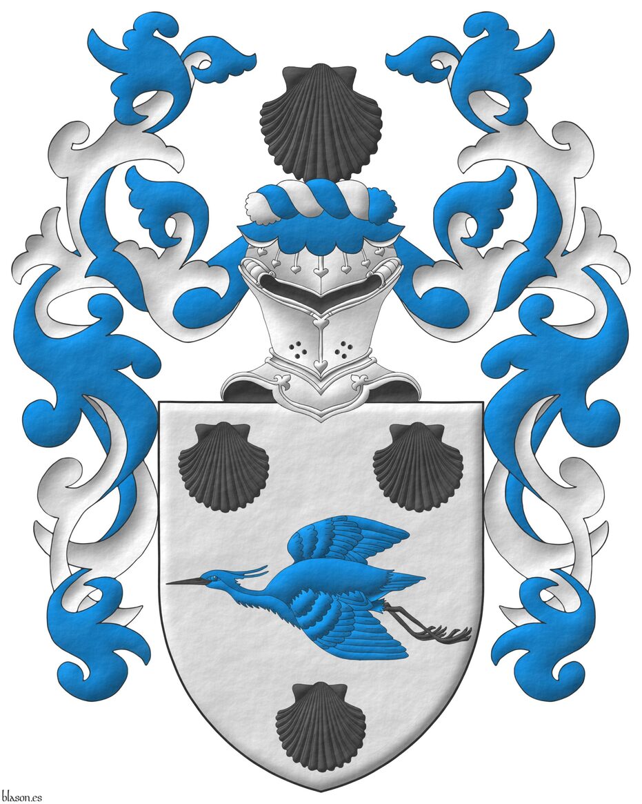 Argent, a heron volant Azure, beaked and membered between three escallops Sable. Crest: Upon a helm with a wreath Argent and Azure, an escallop Sable. Mantling: Azure doubled Argent.