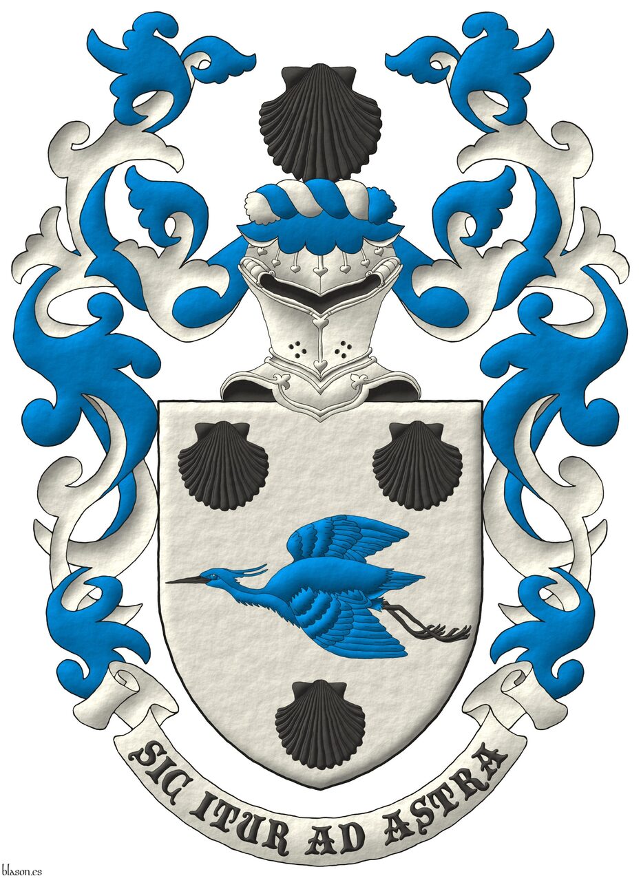 Escudo de plata, una garza volante de azur, picada y membrada, acompaada de tres veneras todo de sable. Timbrado de un yelmo, adornado de dos lambrequines de azur doblados de plata, un burelete de plata y azur, cimado de una venera de sable. Lema: Sic itur ad astra.