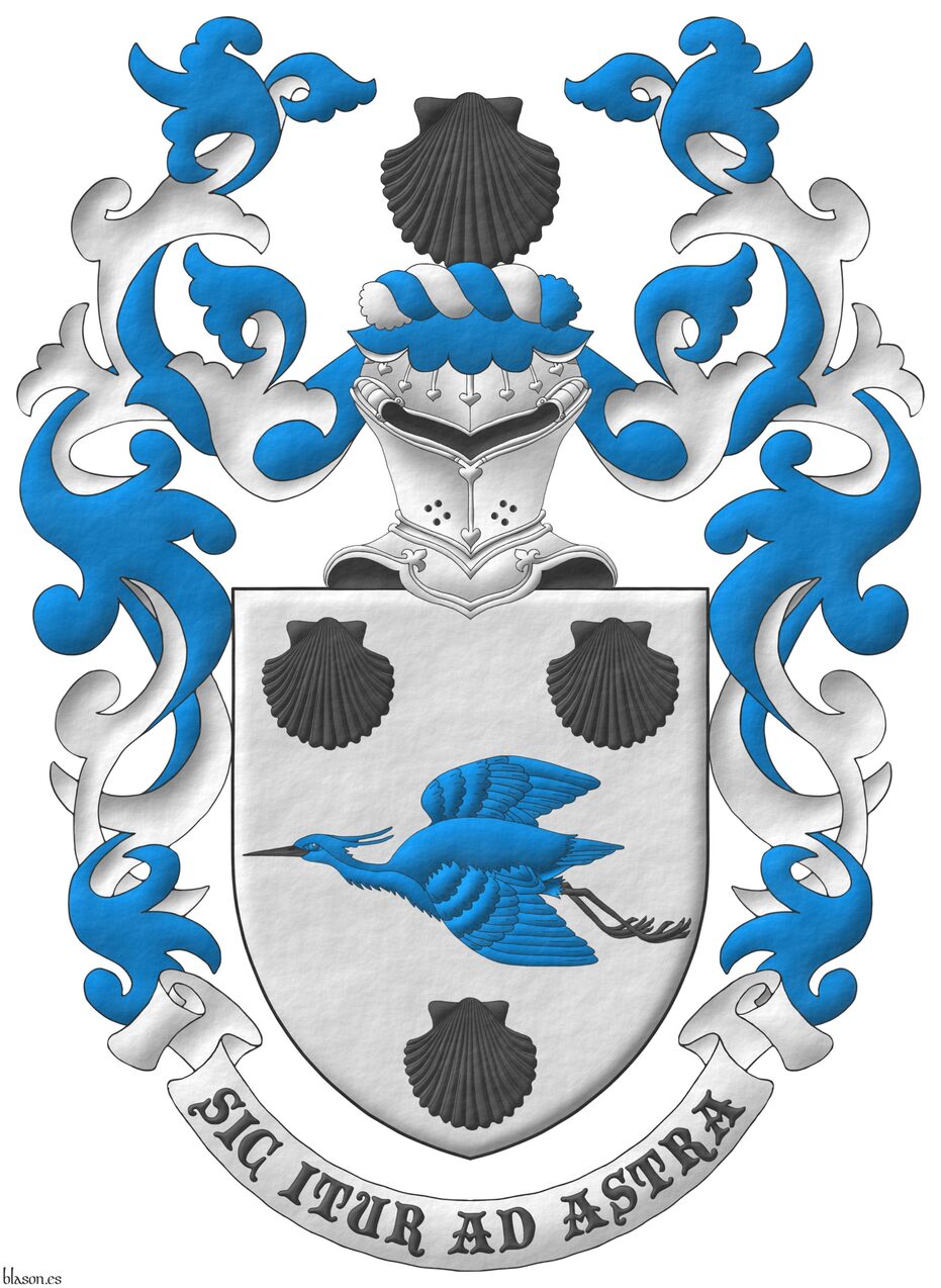 Argent, a heron volant Azure, beaked and membered between three escallops Sable. Crest: Upon a helm with a wreath Argent and Azure, an escallop Sable. Mantling: Azure doubled Argent. Motto: Sic itur ad astra.