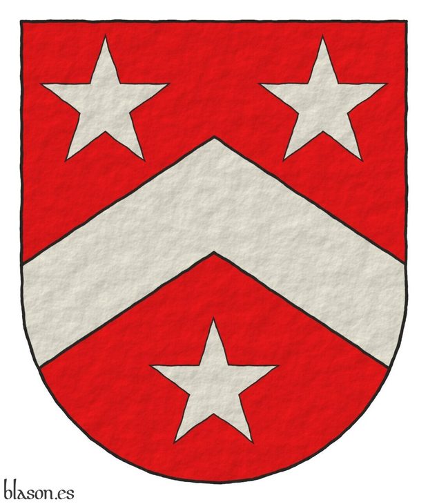 Gules, a chevron Argent, between three mullets Argent.