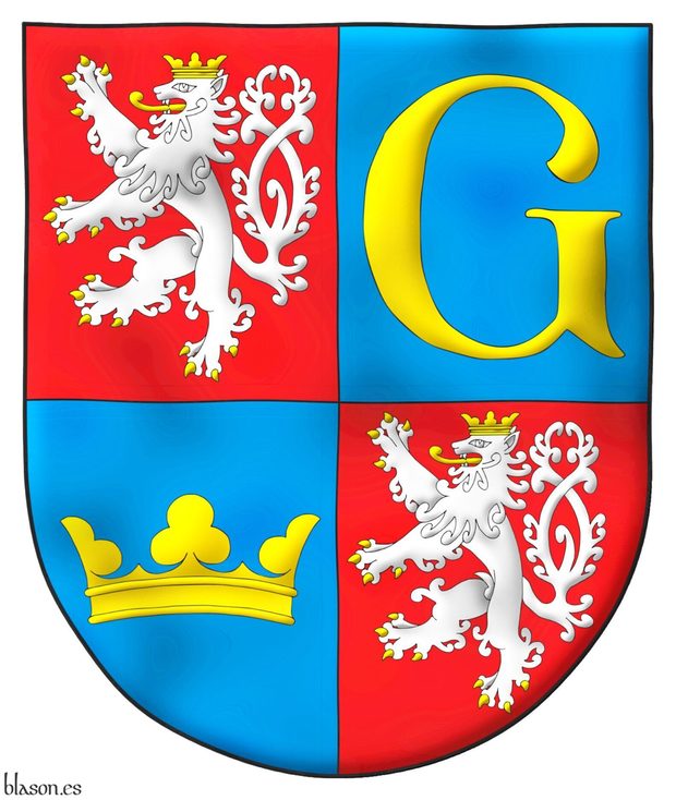 Quarterly: 1 and 4 Gules, a lion rampant, double queued Argent, armed, langued, and crowned Or; 2 Azure, a letter G Or; 3 Azure, a coronet trefoiled Or