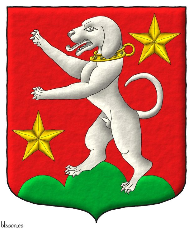 Escudo de gules, un monte de tres peas moviente de la punta de sinople sumado de un talbot rampante de plata, acollarado de oro, acompaado de dos estrellas en barra de oro.