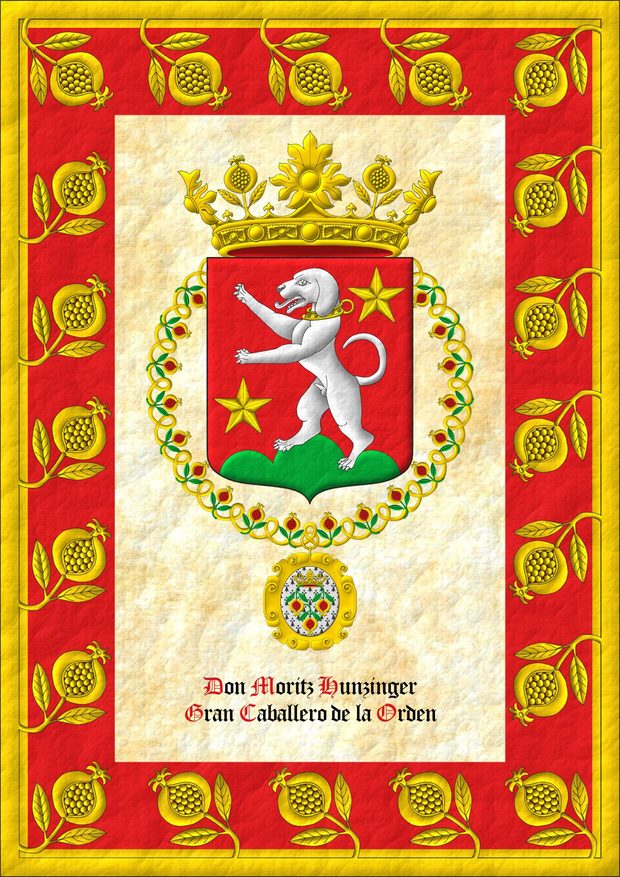 Escudo de gules, un monte de tres peas moviente de la punta de sinople sumado de un talbot rampante de plata, acollarado de oro, acompaado de dos estrellas en barra de oro. Timbrado de una corona de la Soberana y Muy Noble Orden de la Granada. El escudo est rodeado por el collar de la Soberana y Muy Noble Orden de la Granada.