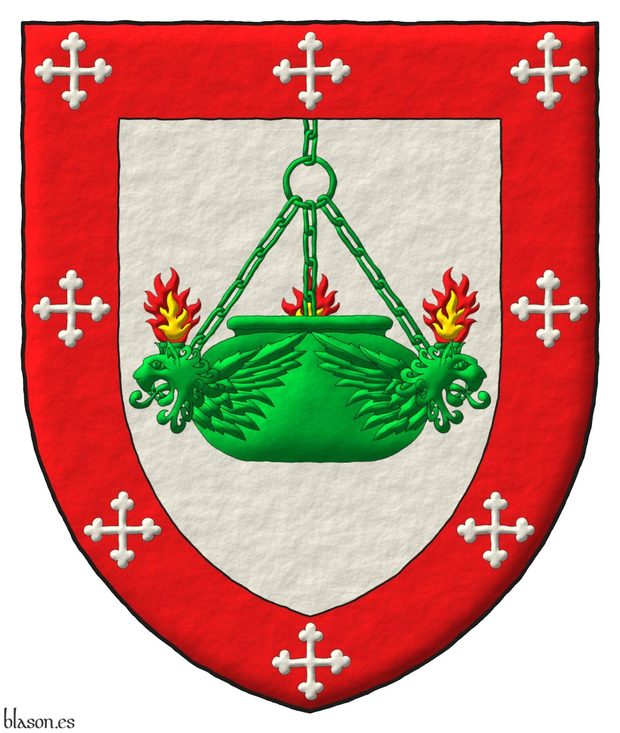 Escudo de plata, pendiente del jefe una lampara de aceite de tres cabezas de len arrancadas y aladas de sinple; una bordura de gules cargada de ocho cruces botonadas de plata.