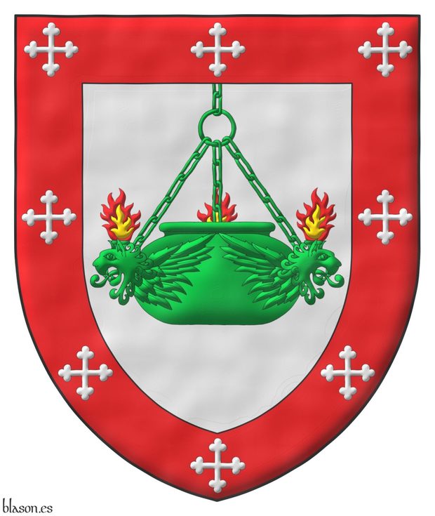 Argent, a suspended oil lamp of three lions' heads erased and winged Vert, two heads visible, enflamed proper; a bordure Gules charged with eight crosses botonny Argent.