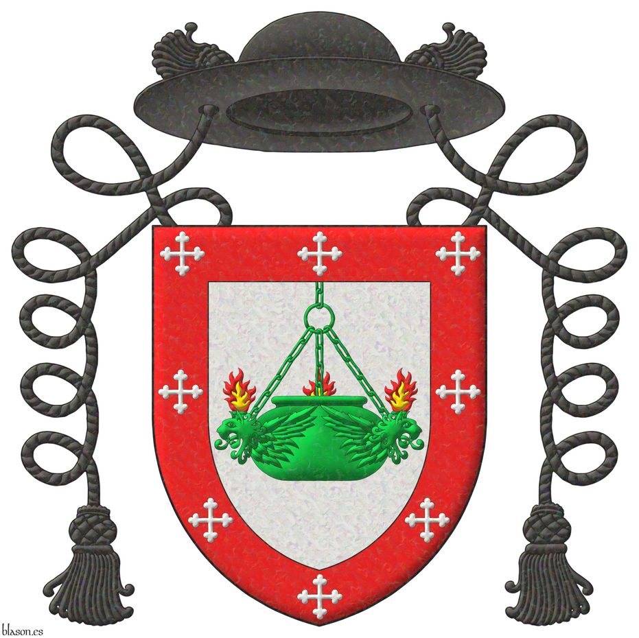 Escudo de plata, pendiente del jefe una lampara de aceite de tres cabezas de len arrancadas y aladas de sinple; una bordura de gules cargada de ocho cruces botonadas de plata. Timbrado de un galero con cordones y una borla a cada lado de sable.