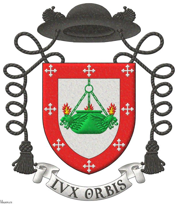 Argent, a suspended oil lamp of three lions' heads erased and winged Vert, two heads visible, enflamed proper; a bordure Gules, charged with eight crosses botonny Argent. Crest: A galero with two cords, one on each side, each with a tassel Sable. Motto Lux Orbis.