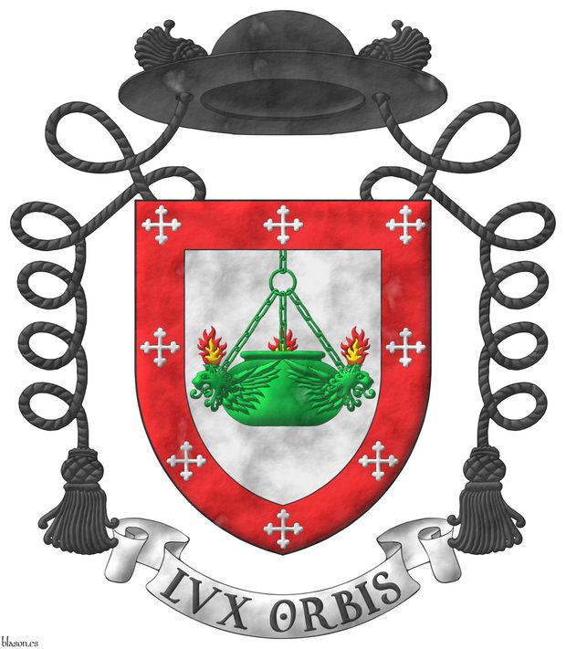 Escudo de plata, pendiente del jefe una lampara de aceite de tres cabezas de len arrancadas y aladas de sinple; una bordura de gules cargada de ocho cruces botonadas de plata. Timbrado de un galero con cordones y una borla a cada lado de sable. Lema Lux Orbis