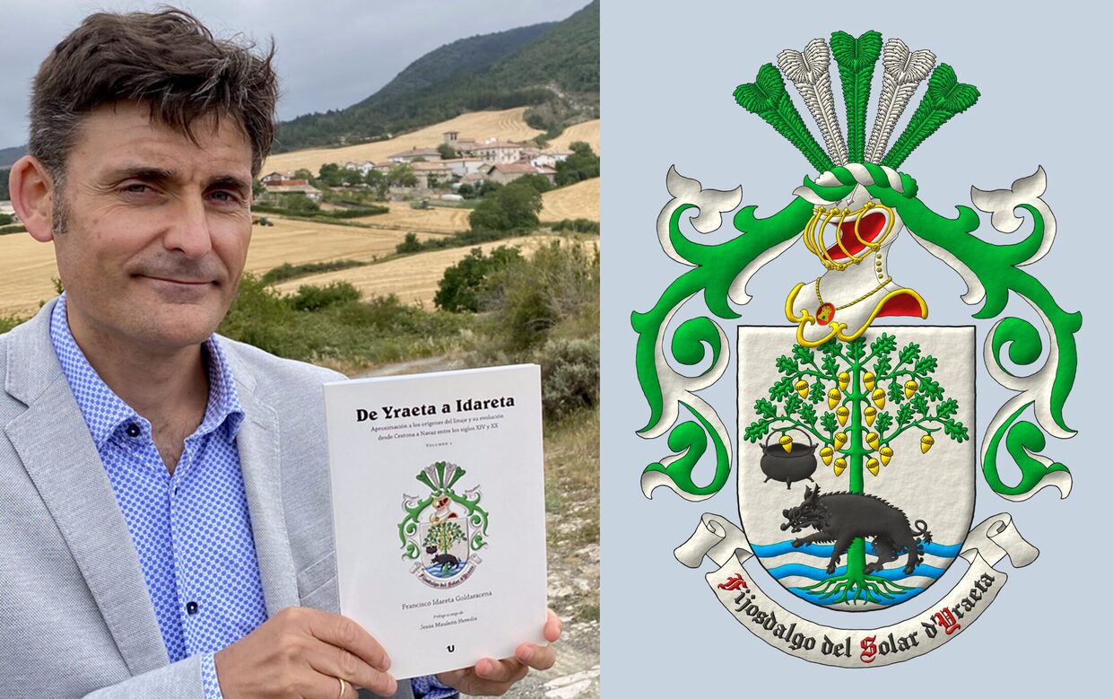 Escudo de plata, en punta tres burelas ondadas de azur, brochante sobre el todo, un roble arrancado de sinople, frutado de oro, a su diestra una caldera pendiente de una rama y atravesado a su tronco un jabal� pasante, ambos de sable. Timbrado de un yelmo terciado, perfilado y grilletado de oro, adornado de dos lambrequines de sinople doblados de plata, un burelete de plata y sinople, cimado de un penacho de cinco plumas alternas de sinople y plata. Divisa: �Fijosdalgo del Solar d'Yraeta� de sable con iniciales de gules sobre una filacteria de plata.