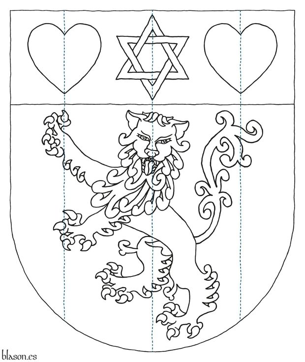 Argent, a lion rampant guardant Vert, armed and langued Gules; on a chief Gules, a mullet of six points voided, interlaced Argent between two hearts Or.