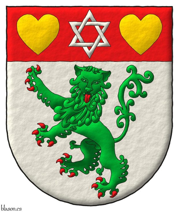 Escudo de plata, un leopardo leonado de sinople, armado y lampasado de gules; un jefe de gules cargado de una estrella de seis puntas, hueca y entrelazada de plata acompaada de dos corazones de oro.