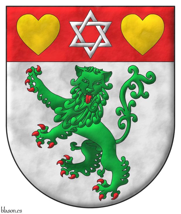 Argent, a lion rampant guardant Vert, armed and langued Gules; on a chief Gules, a mullet of six points voided, interlaced Argent between two hearts Or.