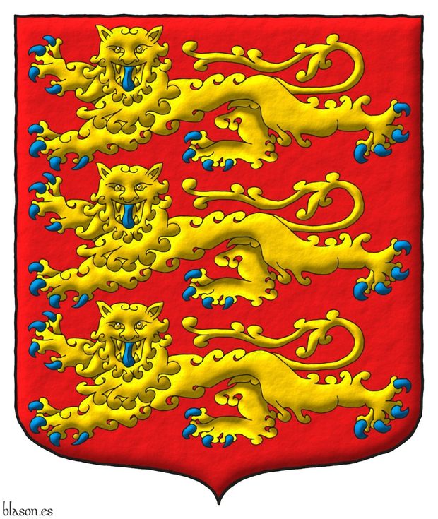 Escudo de gules, tres leopardos en palo de oro, armados y lampasados de azur.