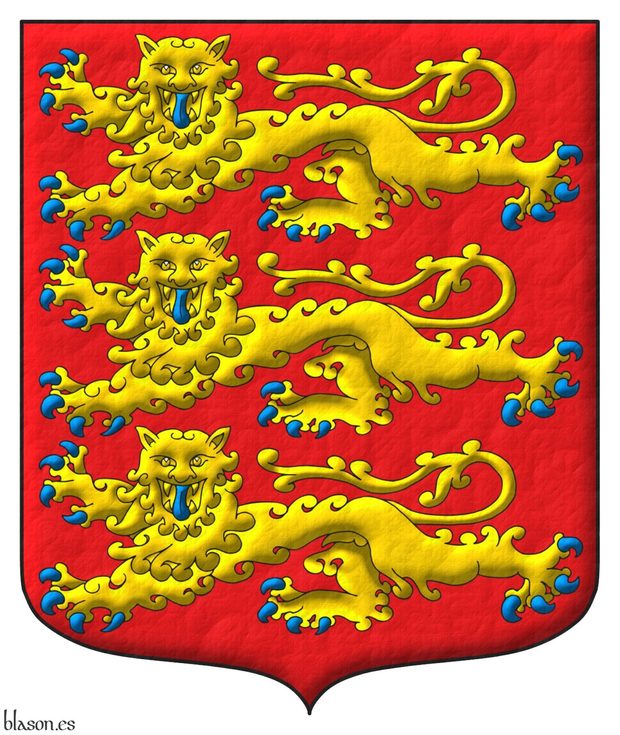 Gules, three lions passant, guardant, in pale Or, armed and langued Azure.