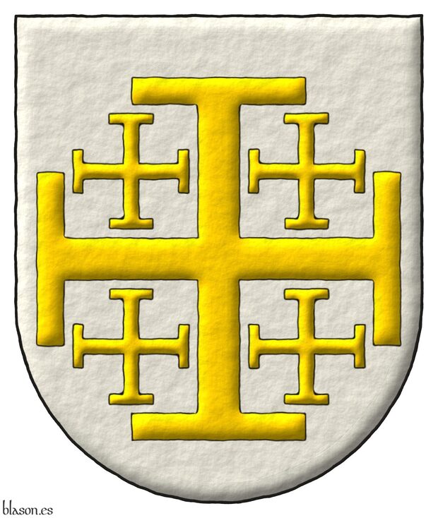 Escudo de plata, una cruz potenzada cantonada de cuatro cruces potenzadas todas de oro.