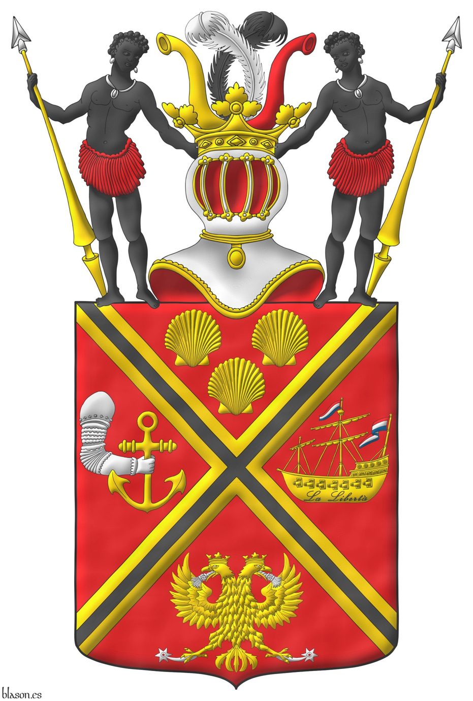 Gules, a saltire Or charged with a fillet saltire Sable between in chief three escallops reversed Or; in dexter, a dexter arm embowed, vambraced Argent, holding an anchor Or; in sinister a two masted warship, with cannons ports and sails hoisted Or, two flags Gules, Argent and Azure flying to dexter, one in the main mast and one in the stern, on the hull the inscription La Liberta Sable; in base a crowned double-headed eagle displayed Or, holding two tassels, one in each beak, and two mullets of six points pierced, one in each talon Argent. Crest: A helm befitting his degree, bearing an Adelskrone held in its place by two men Sable, vested with feather skirts Gules, each standing on the shield, and holding in his outer hand a diagonally placed tournament spears, headed Argent, and issuant from the Adelskrone, between two elephants' trunks, the one at dexter Or, the one at sinister Gules, two ostrich feathers in saltire, the one bendwise Argent, and the one bend sinisterwise Sable.