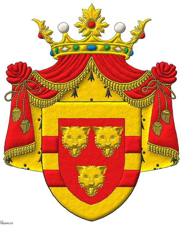 Gules, three Leopards faces Or, the whole within a Border Or with two Bars Gules. Crest: A crest coronet proper. Mantle: Gules doubled Erminois.