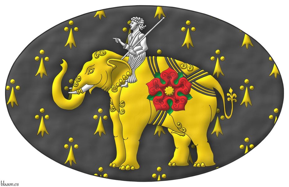 Upon an oval, pean an Indian elephant statant Or, armed Argent, strapped over the belly, hump and rump Sable, cottised Or, charged on his left flank with a rose Gules, barbed Vert, seeded Or; seated on his neck a mahout, in his sinister hand a stick in bend sinister Argent.