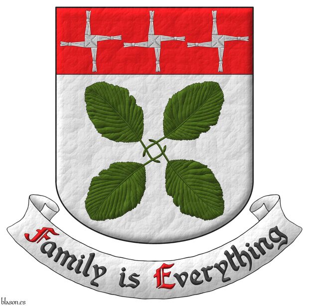 Argent, four leaves of Silver Leaved Whitebeam (Sorbus Aria Lutescens) in saltire, stems interlaced Vert, on a chief Gules, three crosses of Saint Brigid Argent. Motto: «Family is Everything» Sable, with initial letters Gules, over a scroll Argent.