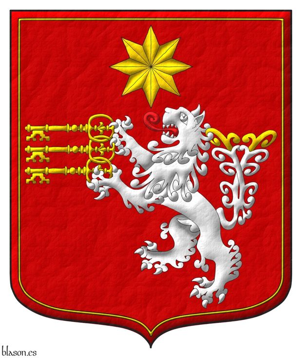 Sanguine, a lion rampant, double queued Argent, tufted Or and langued Gules holding in its paws by the bows three keys fesswise bows interlaced wards to dexter facing downwards Or and in chief a mullet of eight points Or; all within a tressure Or