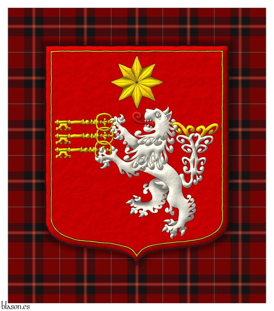 Sanguine, a lion rampant, double queued Argent, tufted Or and langued Gules holding in its paws by the bows three keys fesswise bows interlaced wards to dexter facing downwards Or, in chief a mullet of eight points Or; all within a tressure Or.