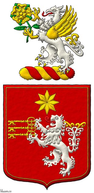 Sanguine, a lion rampant, double queued Argent, tufted Or and langued Gules holding in its paws by the bows three keys fesswise bows interlaced wards to dexter facing downwards Or, in chief a mullet of eight points Or; all within a tressure Or. Crest: Upon a wreath Argent and Gules, a griffin segreant Argent langued Gules, beaked, armed, winged and tufted Or, supporting in its talons a rose Or, slipped and leaved proper.