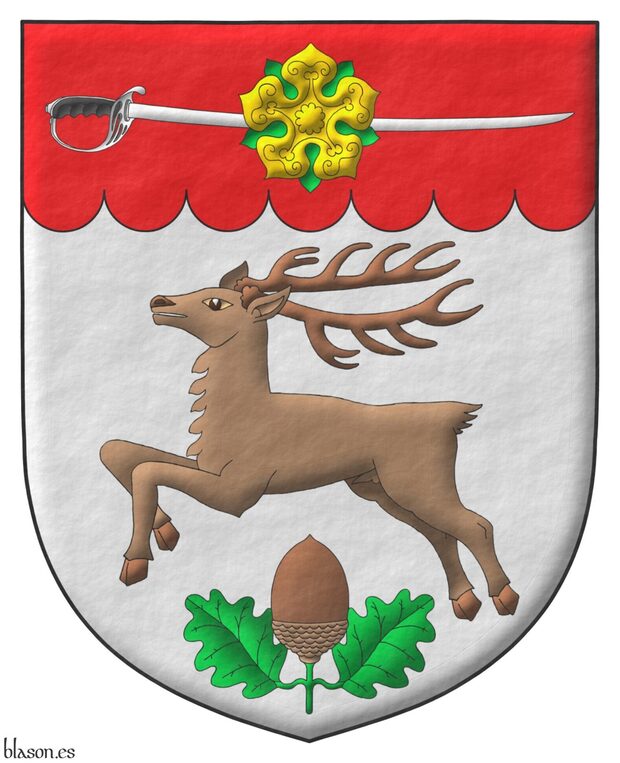 Argent, a stag springing, in base an acorn leaved and slipped proper, on a chief invected Gules, a sabre fesswise, point sinister proper, debruised by a rose Or, leaved Vert.