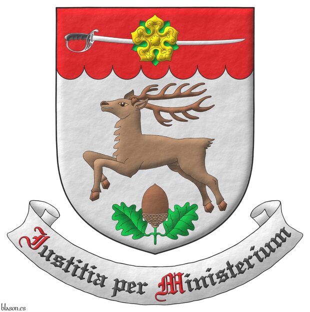 Argent, a stag springing, in base an acorn leaved and slipped proper, on a chief invected Gules, a sabre fesswise, point sinister proper, debruised by a rose Or, leaved Vert. Motto: Iustitia per Ministerium Sable, with initial letters Gules, over a scroll Argent.