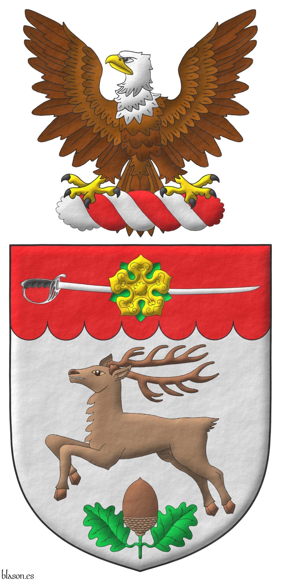 Argent, a stag springing, in base an acorn leaved and slipped proper, on a chief invected Gules, a sabre fesswise, point sinister proper, debruised by a rose Or, leaved Vert. Crest: Upon a wreath Argent and Gules, a bald eagle displayed proper.