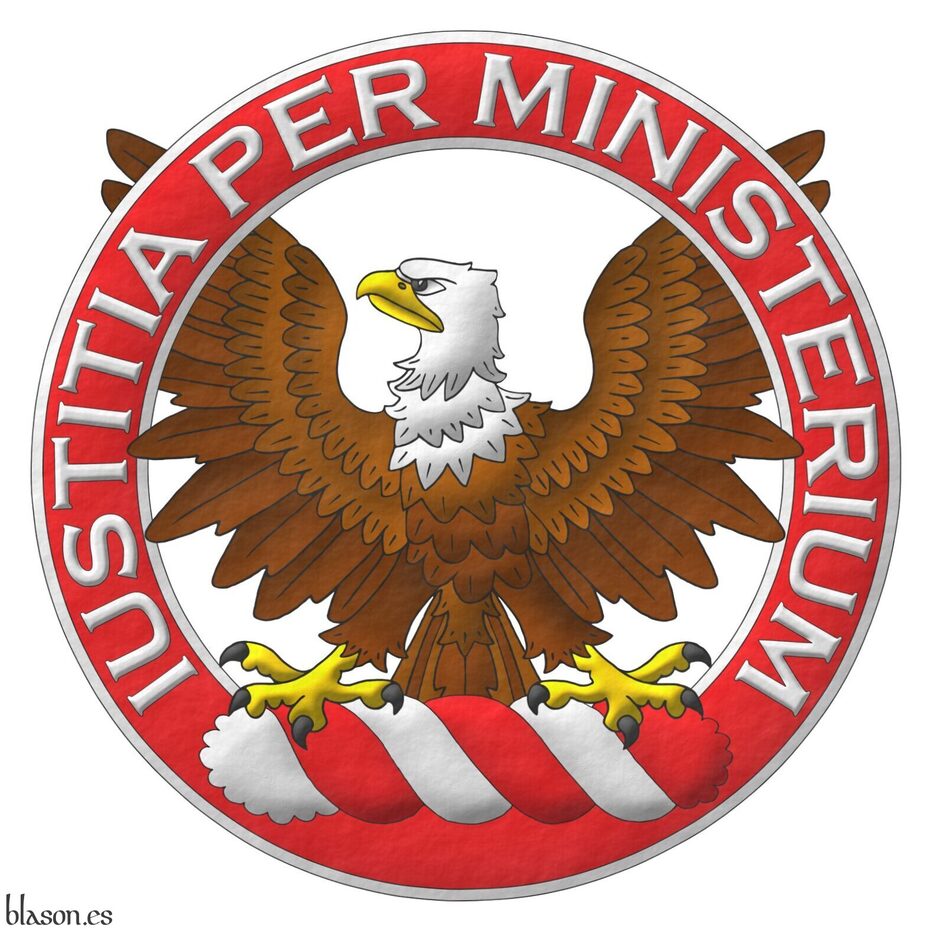 Upon a wreath Argent and Gules a bald eagle displayed proper, surrounded by an annulet Gules, fimbriated and inscribed in chief with the motto Iustitia per Ministerium Argent.