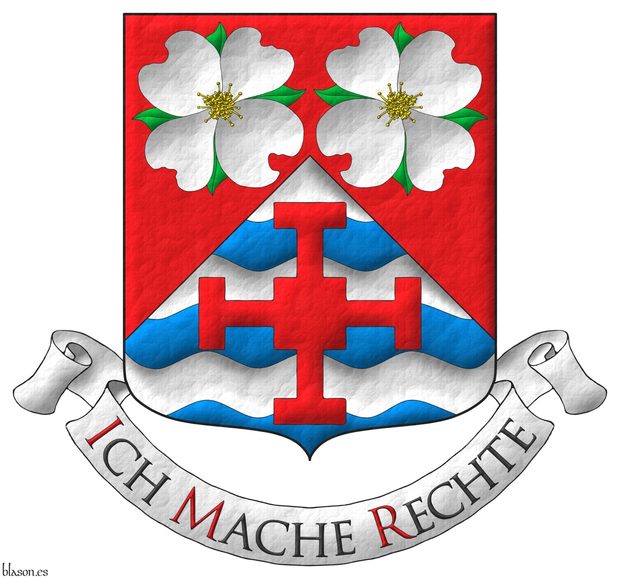 Party per chevron Gules and barry wavy Argent and Azure, in chief two Dogwood flowers (Cornus Florida) proper, in base a Cross of Saint Chad Gules. Motto: Ich Mache Rechte.