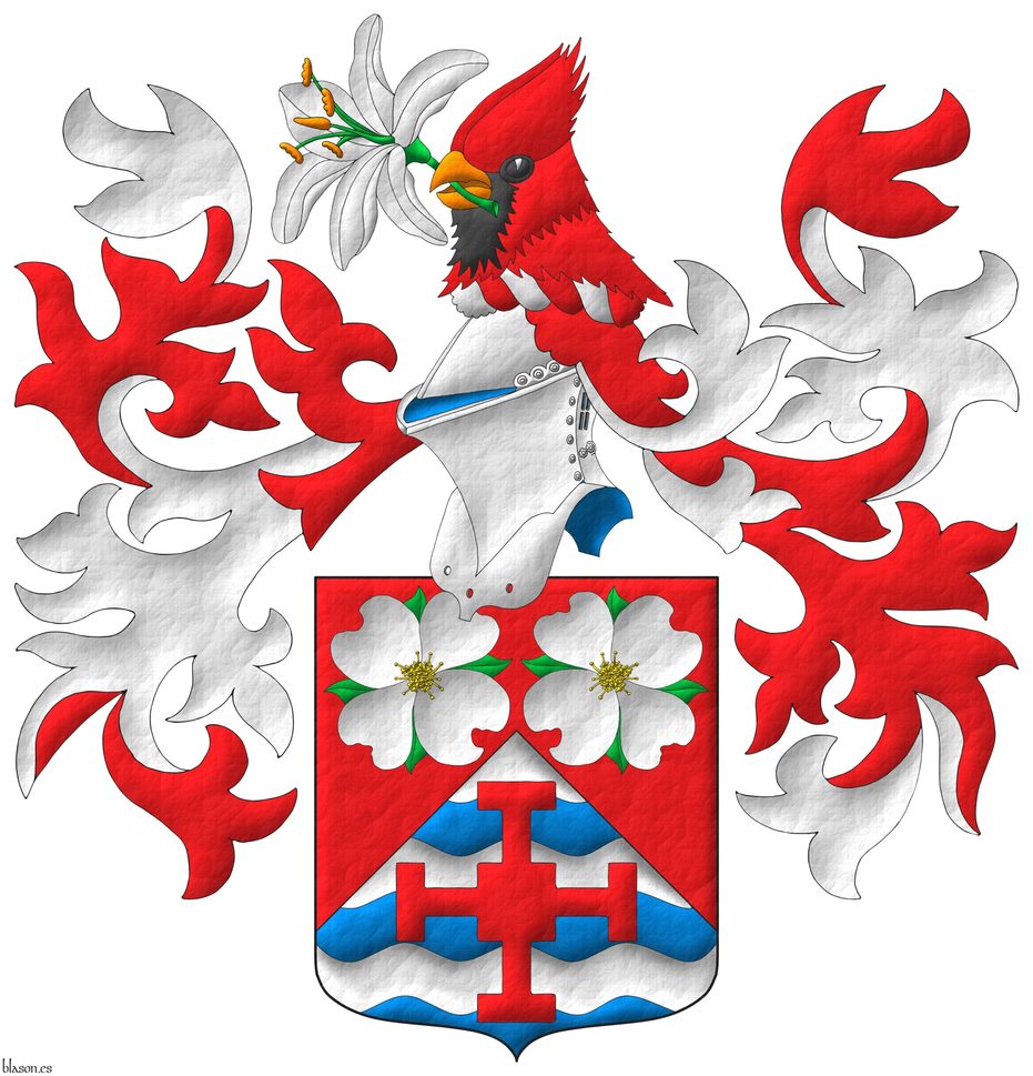 Party per chevron Gules and barry wavy Argent and Azure, in chief two Dogwood flowers (Cornus Florida) proper, in base a Cross of Saint Chad Gules. Crest: A Cardinal's head (Cardinalis cardinalis) erased clutching in its Beak a Madonna lily (Lilium Candidum) seeded proper. Mantling: Gules doubled Argent.