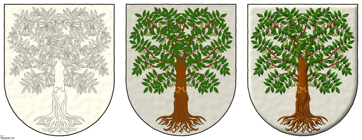 Escudo de plata, un cedro macho arrancado al natural, frutado de oro, su tronco cargado de las iniciales �JML� de oro, hechas a hierro de marcar.